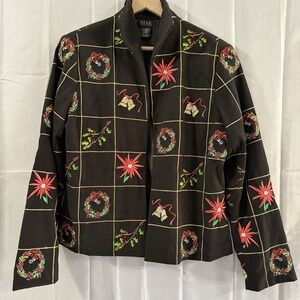 Vintage MAK Womens 14 L Christmas Jacket Blazer Embroidered‎ Grandma Holiday
